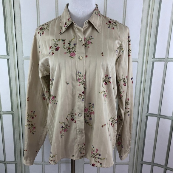 Liz Claiborne Tops - Button Down Tan Pink Floral Long Sleeve Career Top